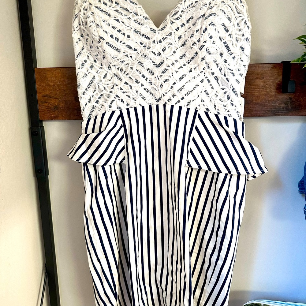 Stunning blue and white lace and stripe dress- size medium